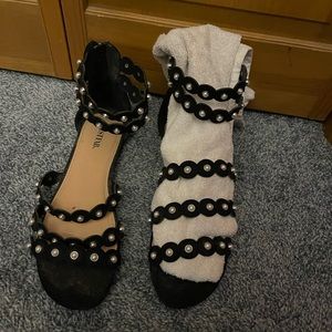 Black and pearl ankle strap flat sandals